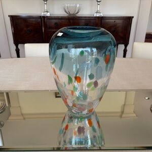 Art Glass Vase. Hand Blown. Clear With Flecks Of Pastel Colors. 10.75” Tall. NWT